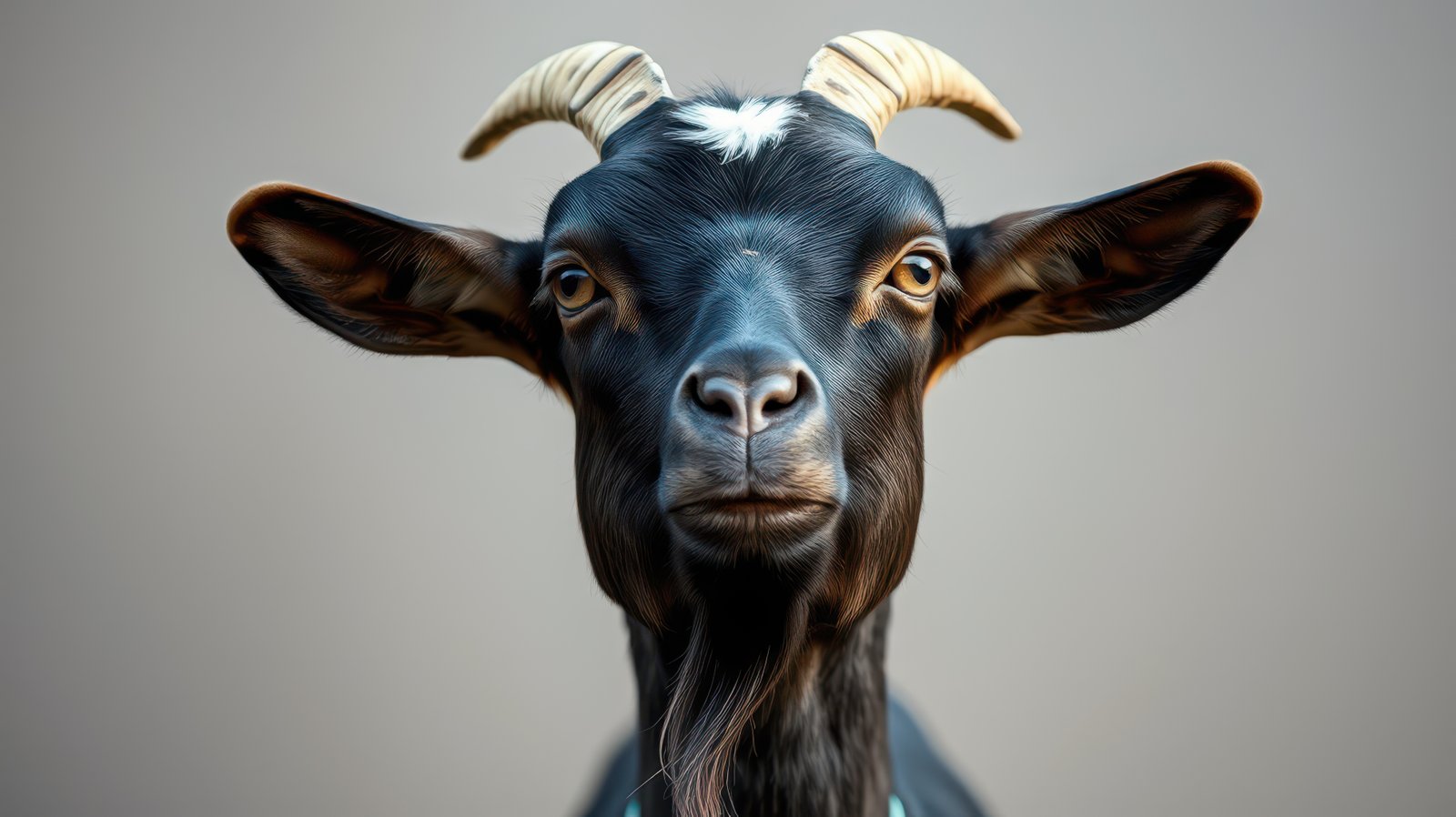 Close-up of a black goat with distinctive horns and facial expression in a neutral background
